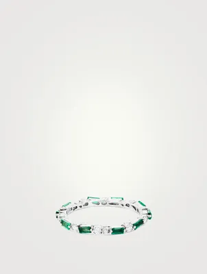 Fireworks 18K White Gold Thin Mix Eternity Band Ring With Emerald And Diamonds