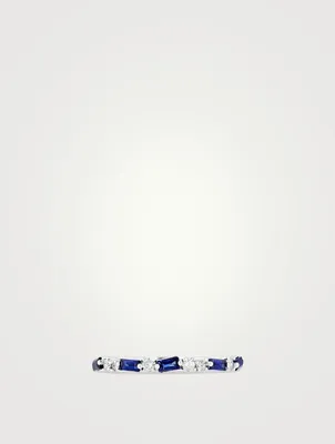 Fireworks 18K White Gold Thin Mix Half Band Ring With Dark Blue Sapphires And Diamonds