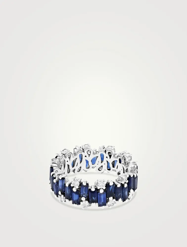 Fireworks 18K White Gold Eternity Band Ring With Dark Blue Sapphires And Diamonds