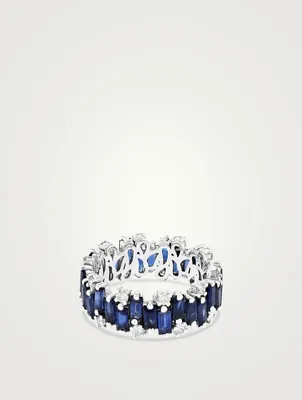 Fireworks 18K White Gold Eternity Band Ring With Dark Blue Sapphires And Diamonds