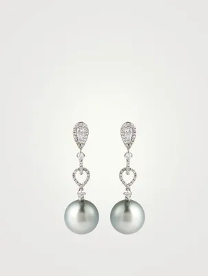 18K White Gold Tahitian Pearl Drop Earrings With Diamonds