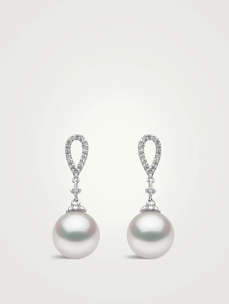 18K White Gold South Sea Pearl Drop Earrings With Diamonds