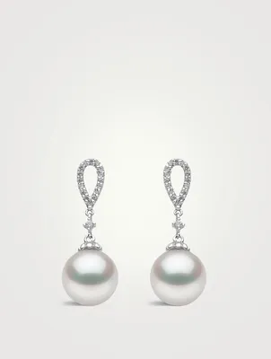 18K White Gold South Sea Pearl Drop Earrings With Diamonds