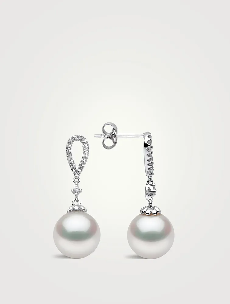 18K White Gold South Sea Pearl Drop Earrings With Diamonds