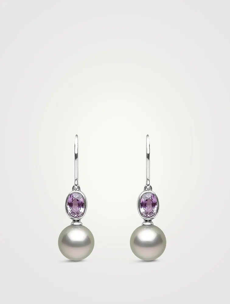 18K White Gold Tahitian Pearl Drop Earrings With Sapphires