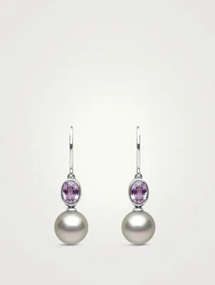 18K White Gold Tahitian Pearl Drop Earrings With Sapphires