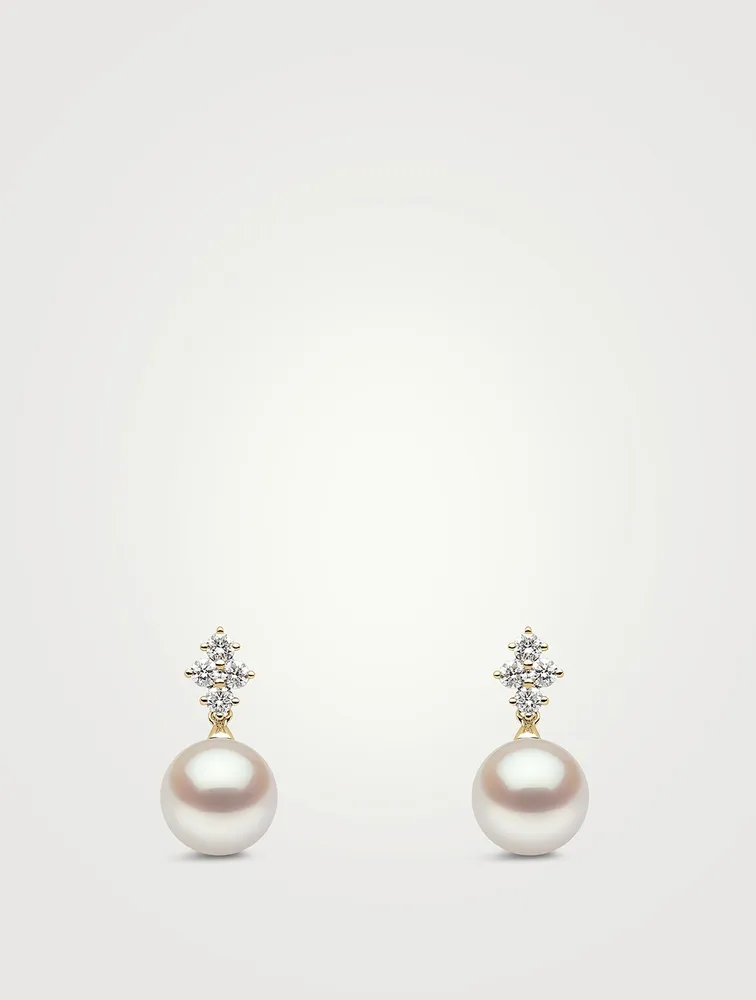 18K Gold Pearl Earrings With Diamonds