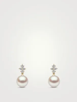 18K Gold Pearl Earrings With Diamonds