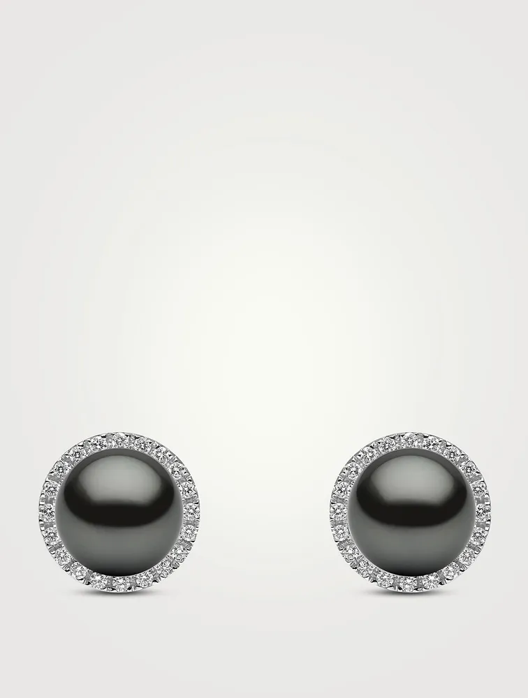 18K White Gold Tahitian Pearl Stud Earrings With Diamonds