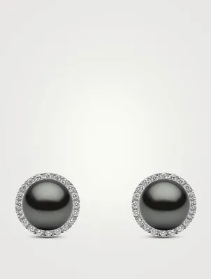 18K White Gold Tahitian Pearl Stud Earrings With Diamonds