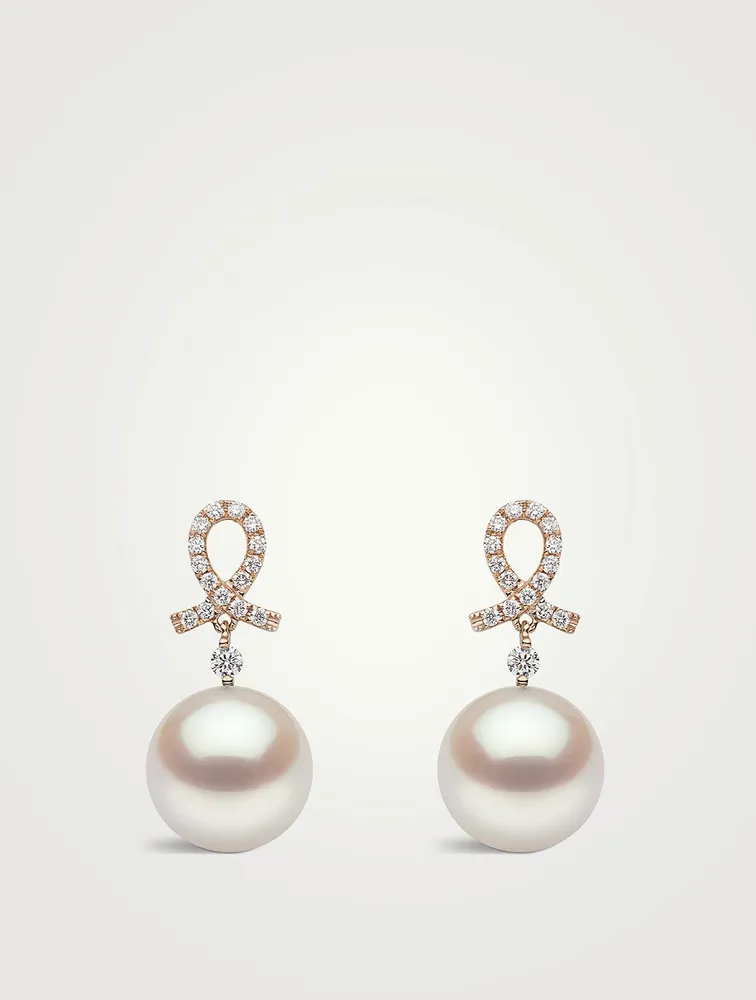 18K Rose Gold Pearl Drop Earrings With Diamonds