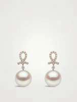 18K Rose Gold Pearl Drop Earrings With Diamonds