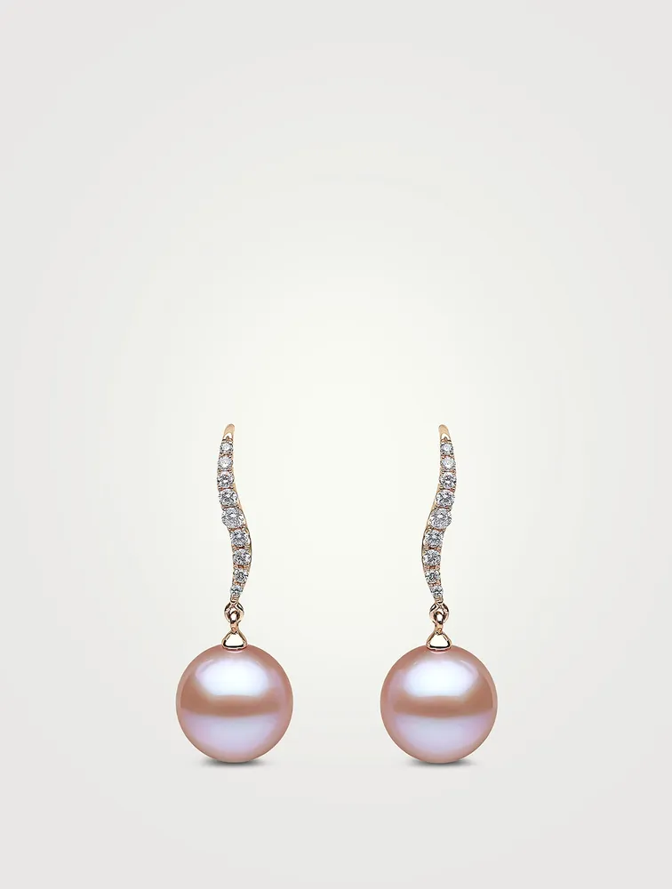 18K Rose Gold Pearl Drop Earrings With Diamonds