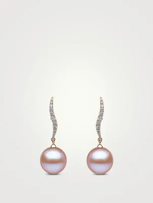 18K Rose Gold Pearl Drop Earrings With Diamonds
