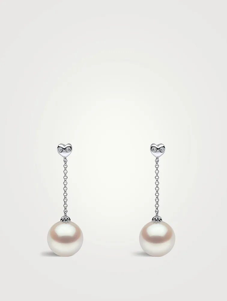 18K White Gold Pearl Drop Chain Earrings With Diamonds