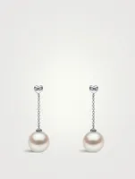 18K White Gold Pearl Drop Chain Earrings With Diamonds