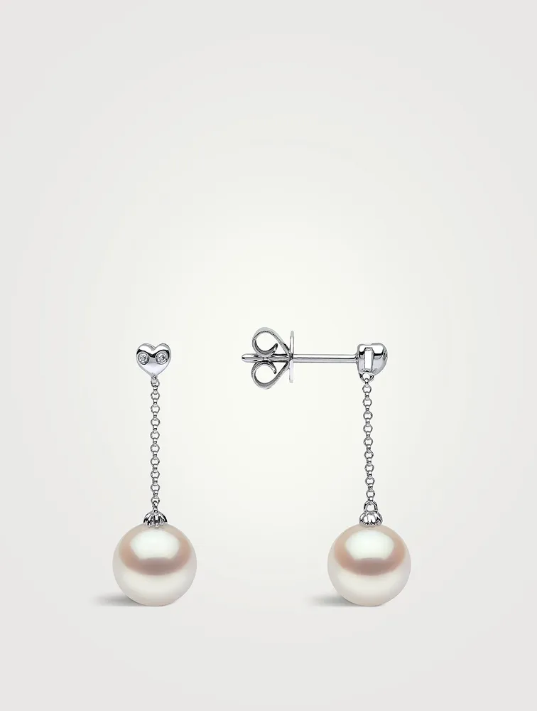 18K White Gold Pearl Drop Chain Earrings With Diamonds