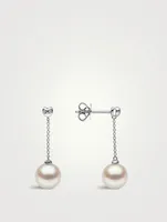 18K White Gold Pearl Drop Chain Earrings With Diamonds