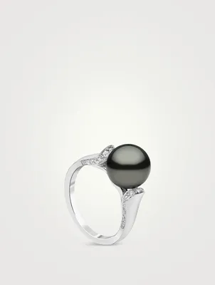 18K White Gold Tahitian Pearl Ring With Diamonds