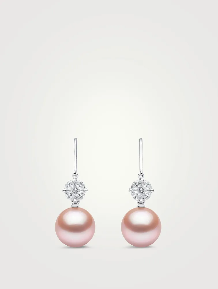 18K White Gold Pink Pearl Drop Earrings With Diamonds