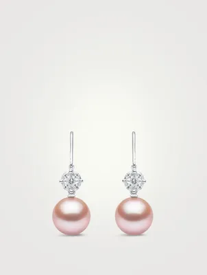 18K White Gold Pink Pearl Drop Earrings With Diamonds
