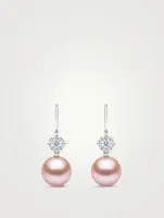 18K White Gold Pink Pearl Drop Earrings With Diamonds