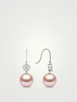 18K White Gold Pink Pearl Drop Earrings With Diamonds