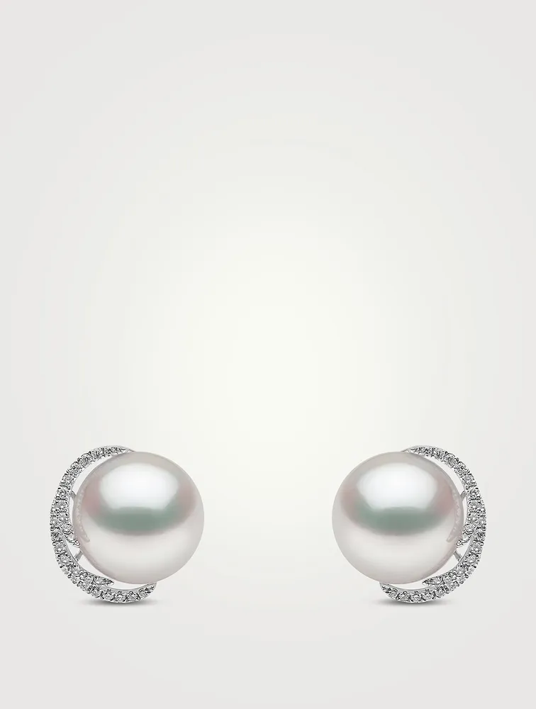 18K White Gold South Sea Pearl Stud Earrings With Diamonds