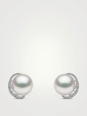 18K White Gold South Sea Pearl Stud Earrings With Diamonds