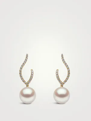 18K Gold Pearl Drop Earrings With Diamonds