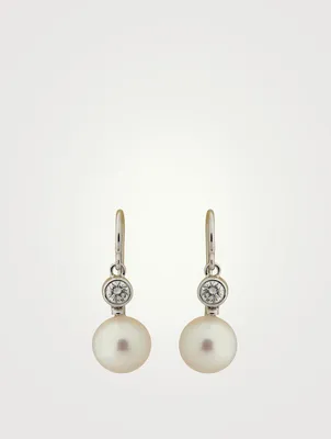 18K White Gold Akoya Pearl Drop Earrings With Diamonds