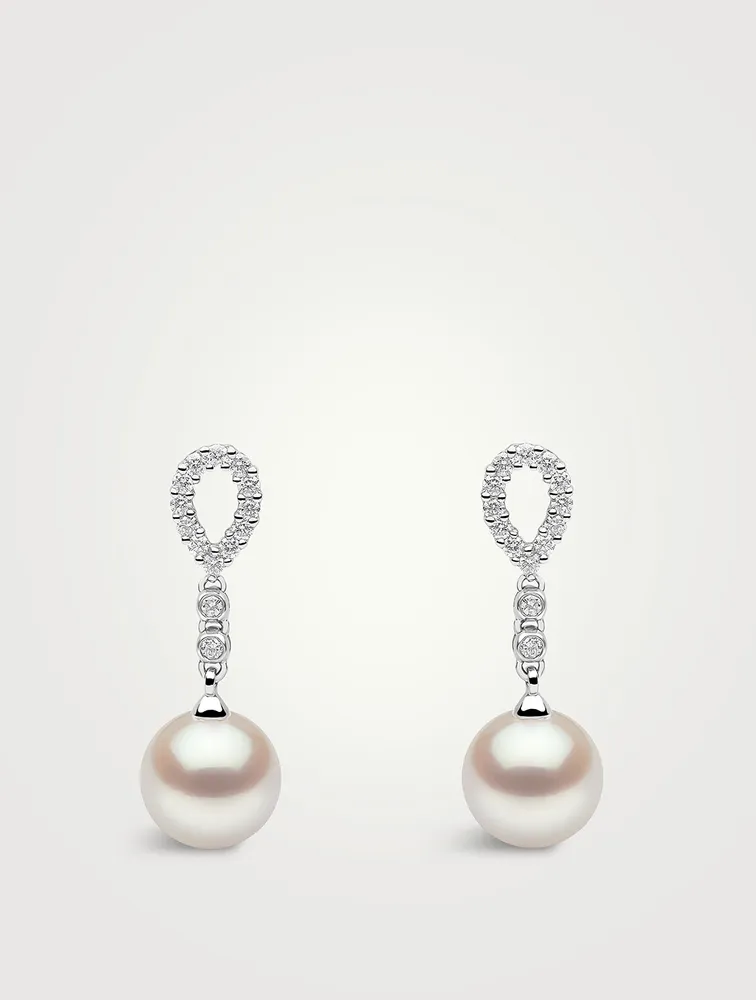 18K White Gold Pearl Drop Earrings With Diamonds