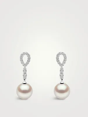 18K White Gold Pearl Drop Earrings With Diamonds