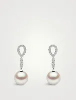 18K White Gold Pearl Drop Earrings With Diamonds