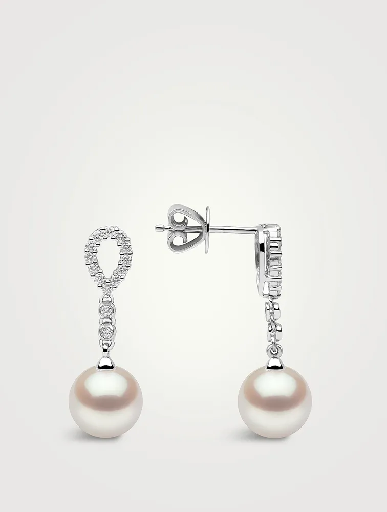 18K White Gold Pearl Drop Earrings With Diamonds