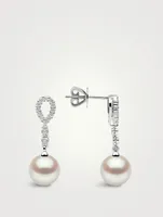 18K White Gold Pearl Drop Earrings With Diamonds