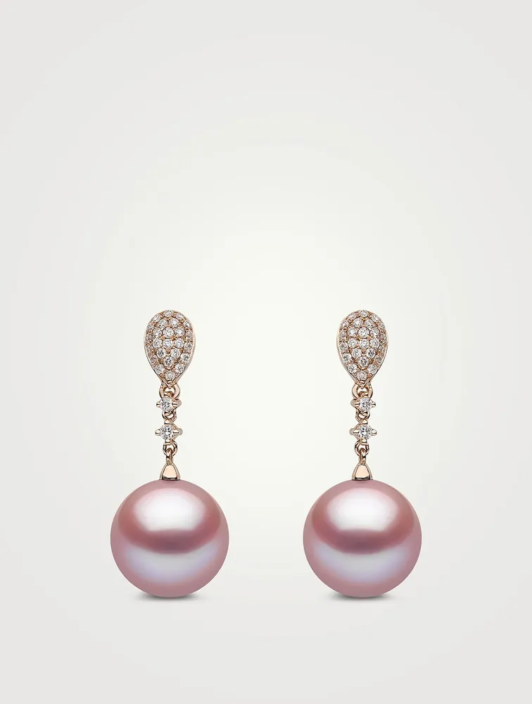 18K Rose Gold Pearl Drop Earrings With Diamonds