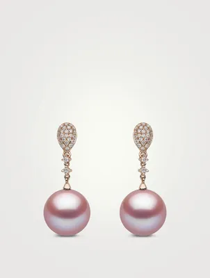 18K Rose Gold Pearl Drop Earrings With Diamonds