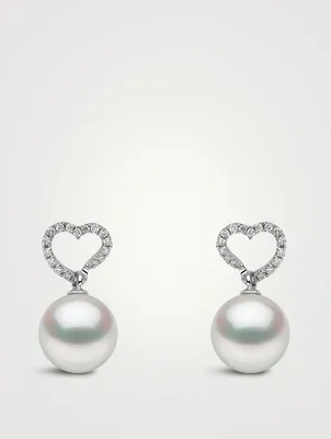 18K White Gold South Sea Pearl Heart Drop Earrings With Diamonds