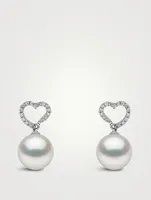 18K White Gold South Sea Pearl Heart Drop Earrings With Diamonds