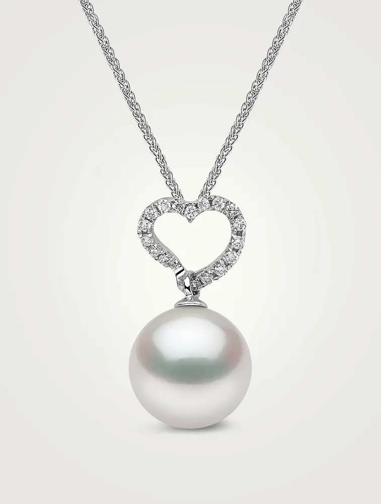 18K White Gold Heart Pendant Necklace With South Sea Pearl And Diamonds