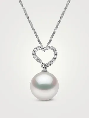 18K White Gold Heart Pendant Necklace With South Sea Pearl And Diamonds