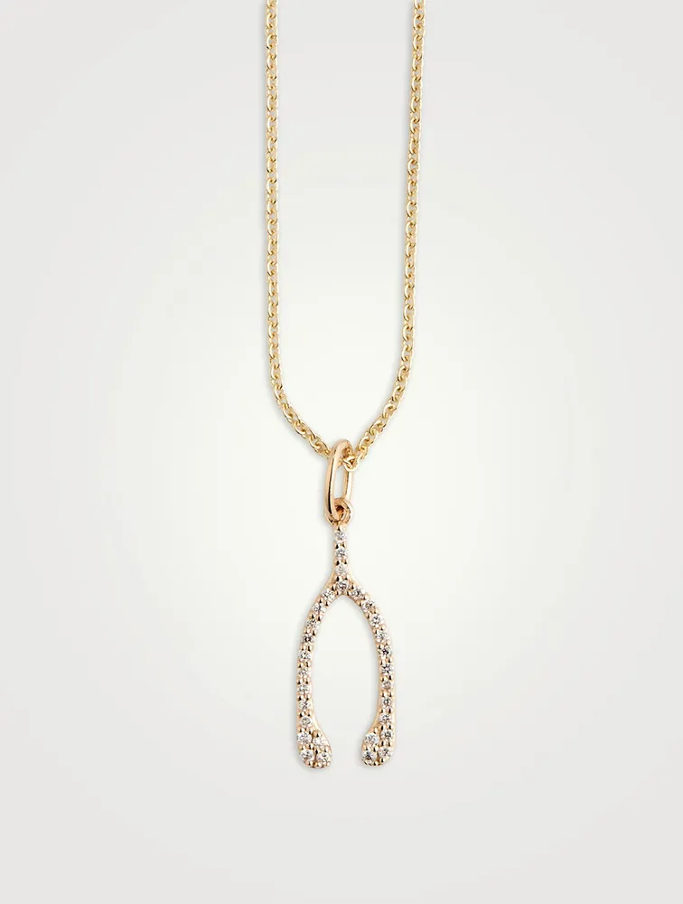 14K Gold Wishbone Pendant Necklace With Diamonds