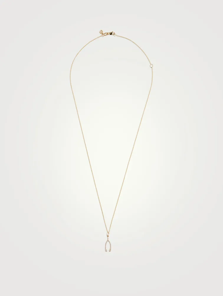 14K Gold Wishbone Pendant Necklace With Diamonds