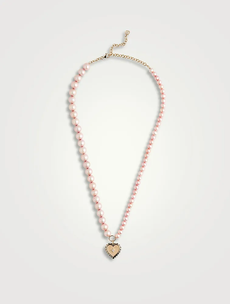 Pearls Necklace With 14K Gold Diamond Heart Charm