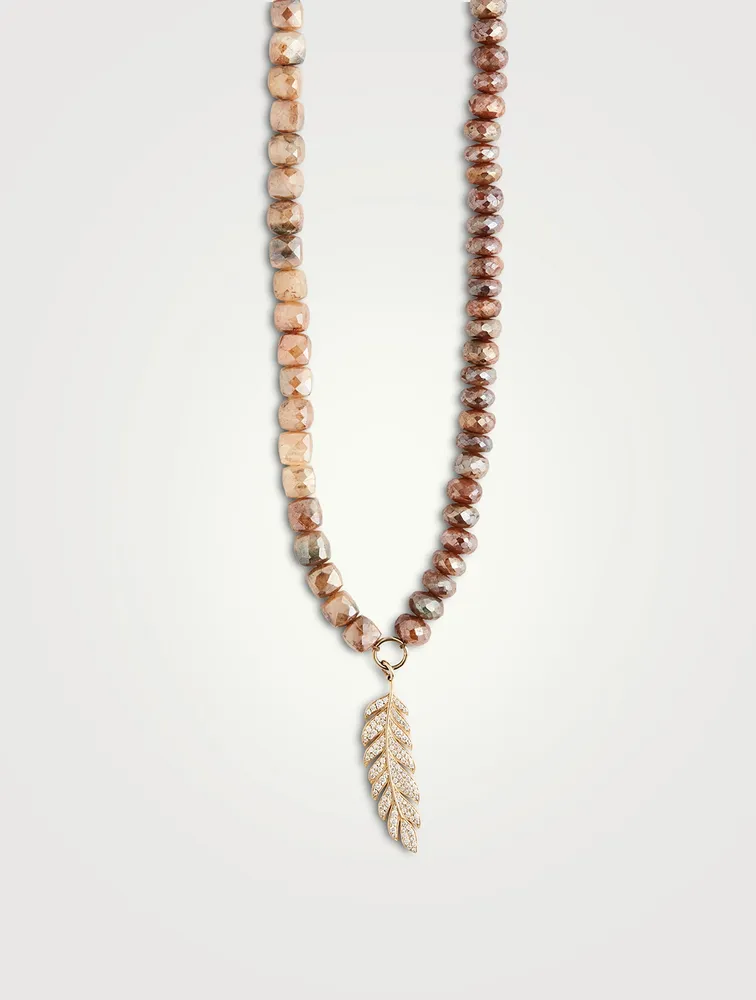 Beaded Necklace With 14K Gold Diamond Feather Charm