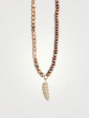 Beaded Necklace With 14K Gold Diamond Feather Charm