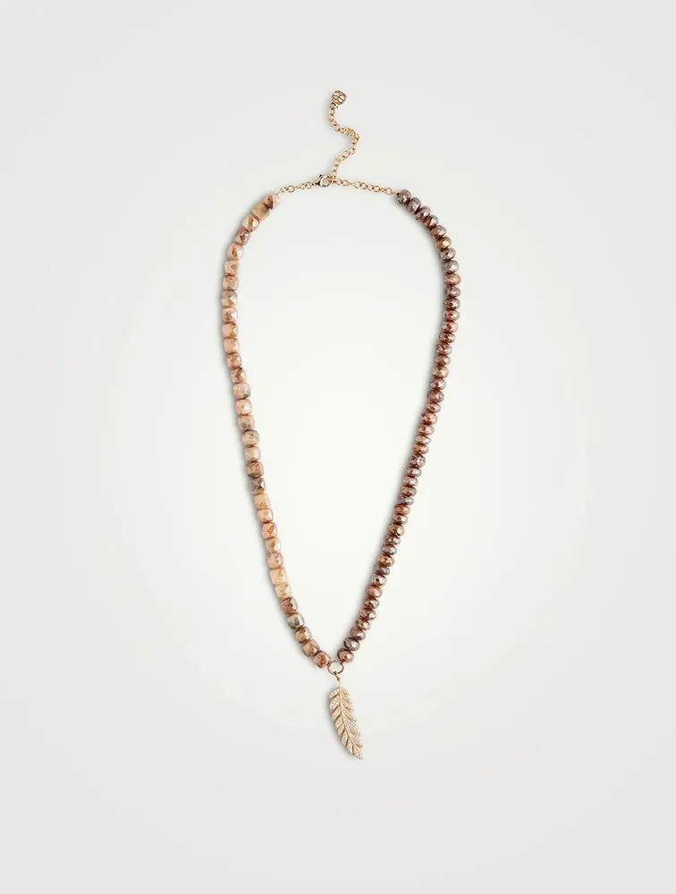 Beaded Necklace With 14K Gold Diamond Feather Charm