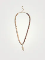 Beaded Necklace With 14K Gold Diamond Feather Charm