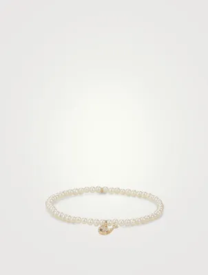 Pearl Bracelet With Small 14K Gold Diamond Whale Charm